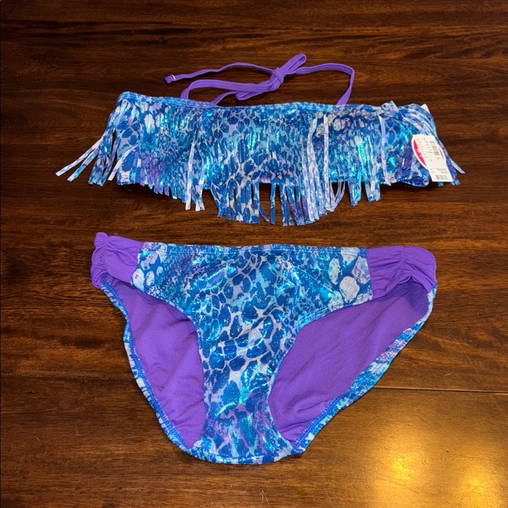 Justice swim shop, two piece, snake skin, blue and purple fringe top new size 18